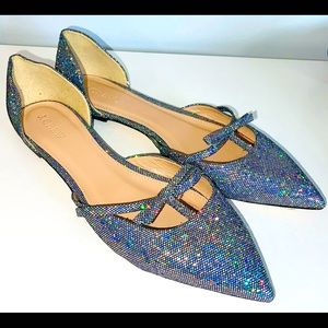 J.Crew Sloan Glitter Shimmer Bow Pointed D’Orsay Silver Party Flats Size 9